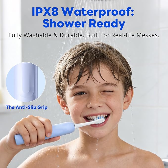 SAKYPRORAL Kids Electric Toothbrush for Boys Teens (6-15Y), Smart Screen with Brushing Score, Soft Bristles, Visual Timer for Braces, 150 Days Battery with Travel Case (Blue)