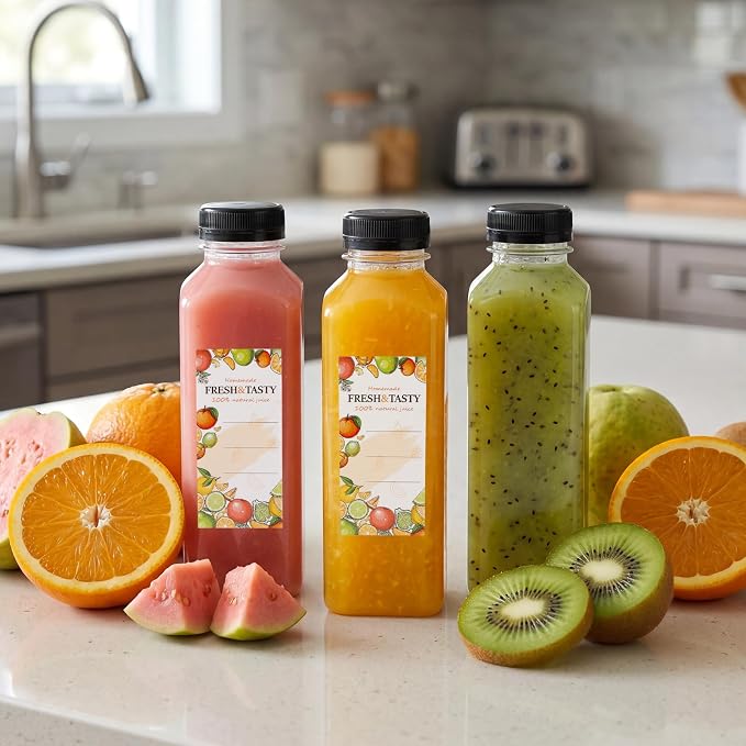 TOMNK 80pcs Juice Bottles, 16oz Reusable Plastic Juice Bottles with Caps and Labels, Funnel, Brush Beverage Containers for Juicing, Smoothies, Tea, Milk