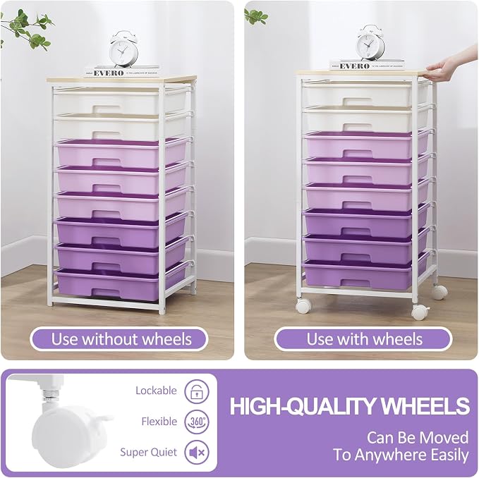 SYKIARIOL Rolling Cart with Drawers,Utility Cart With 8 Drawers and Wooden Tabletop for Living Room,Classroom,Bedroom,Bathroom,Dorm,Office,Purple