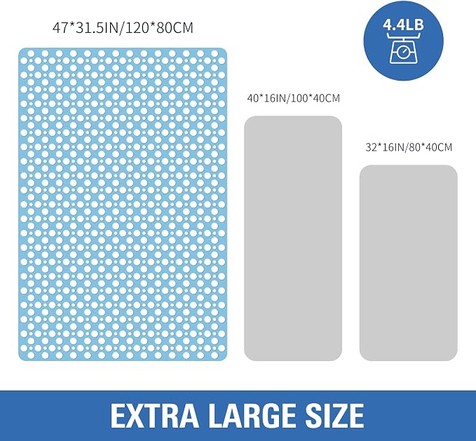 OTHWAY Large Shower Mat, 47"x 32" TPE Anti Slip Shower Mat, Heavy Bath Mats for Shower with Drain Holes Suction Cups, Shower Stall Mat for Bathroom, No Odor Shower Grip Mat for Elderly Kids(L-Blue)