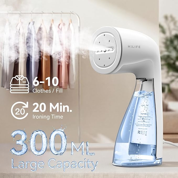 HiLIFE Upgraded Steamer for Clothes, Handheld & Portable, 1100W Powerful Steam, 300ml Big Capacity & No Leak Design, 30S Fast Heat-up, Quick Wrinkle Remover, Compact Size for Travel, ONLY 120V