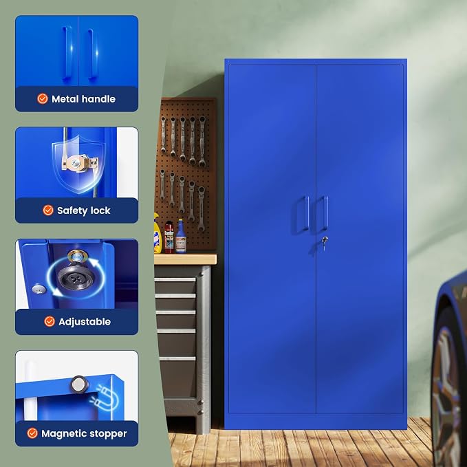 Metal Garage Storage Cabinet with 2 Doors and 5 Adjustable Shelves - 71" Steel Lockable File Cabinet,Locking Tool Cabinets for Office,Home,Garage,Gym,School (Blue)