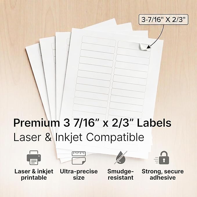 3 7/16" X 2/3" Matte White Printable Labels (250 Sheets, 7500 Stickers) File Folder, Address, Mailing Labels for Laser & Inkjet Printers - Spartan Industrial Template R012