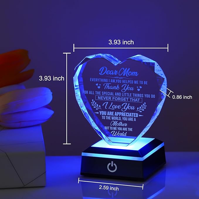 ZHSHWAT Crystal Heart Keepsake with Color-Changing LED Base for Mom Engraved Dear Mom Gift from DaughterSon Birthday, Mother's Day, Christmas, Anniversary Presents for Her