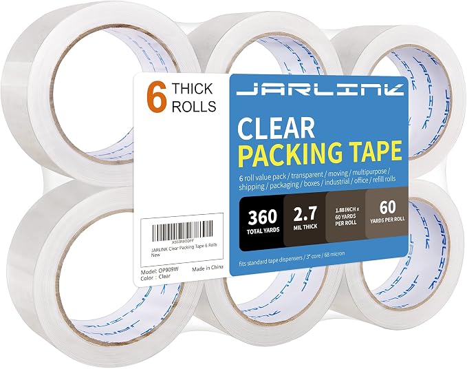 JARLINK Clear Packing Tape (6 Rolls), Heavy Duty Packaging Tape for Shipping Packaging Moving Sealing, 2.7mil Thick, 1.88 inches Wide, 60 Yards Per Roll, 360 Total Yards | 2.7mil Thick and 1.88" Wide. 60 Yards per Roll, 360 Total Yards. Moving Supplies...
