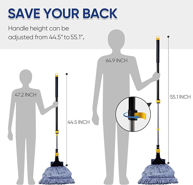 Yocada Commercial Mop Bucket with Wringer Portable Collapsible Plastic Mop Bucket and Looped-End String Wet Mop Heavy Duty Cotton Mop Set Kit