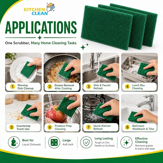 ™ 10 Pcs Large Kitchen Scrub Pads | Dish wash Scrubber | Non Scratch - Durable - Long skrab Lasting | Clean Shine Brite Utensils (Green, Large 4x6 inch, Pack of 10 Pcs)
