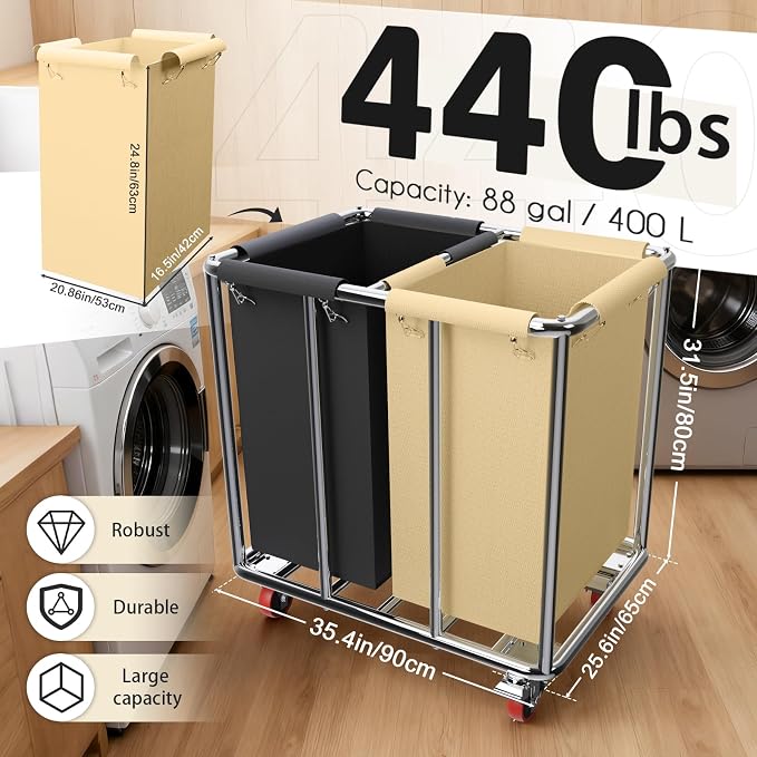 Commercial Laundry Cart with Wheels, 400L 2-Section Large Lanudry Hamper with Wheels, Heavy-Duty Rolling Laundry Cart with Silent Rubber & Waterproof Oxford Bags (Black Beige)