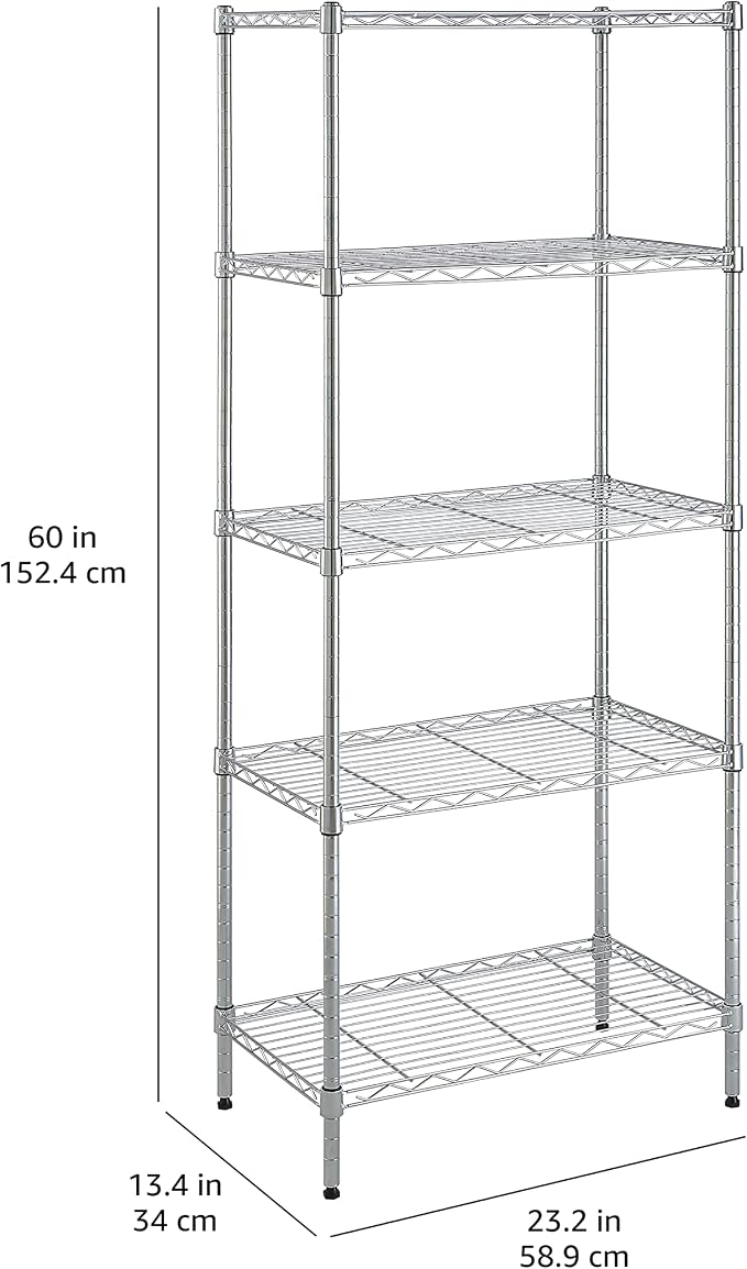 Amazon Basics 5-Shelf Adjustable Storage Shelving Unit for Garage, Steel Wire Rack, 200 Pound Loading Capacity per Shelf, 23.2" x 13.4" x 60", Chrome Finish