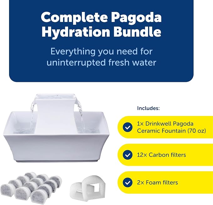 PetSafe Drinkwell Pagoda Fountain, 70 oz Ceramic, 12-Pk Filters Included | 2 Free-Falling Water Streams Encourage Hydration, Pet Water Fountain for Cats & Dogs, Includes 12 Carbon + 2 Foam Filters