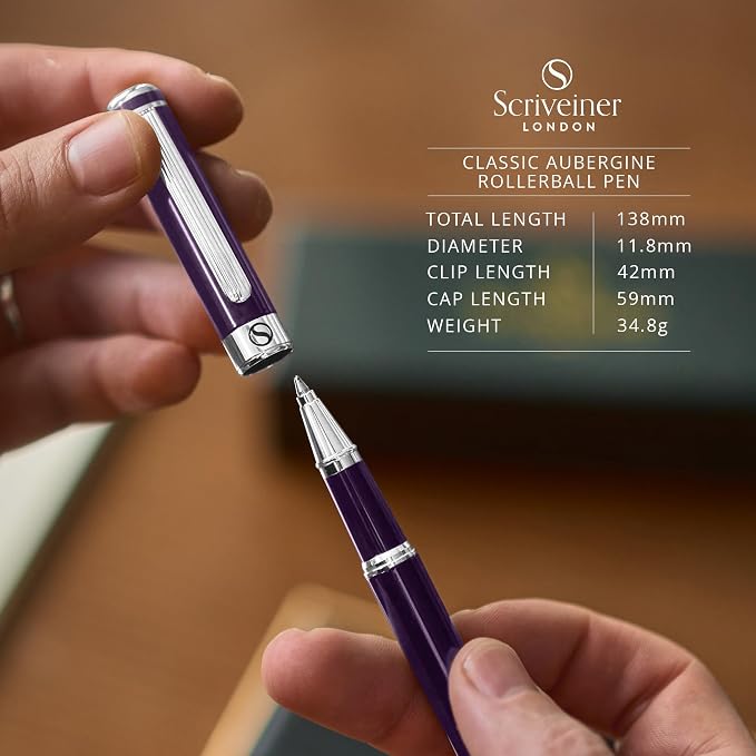 Scriveiner Aubergine Rollerball Pen - Stunning Luxury Pen With Chrome Finish, Schmidt Ink Refill, Best Roller Ball Gift Set for Men & Women, Professional, Executive Office, Nice Pens