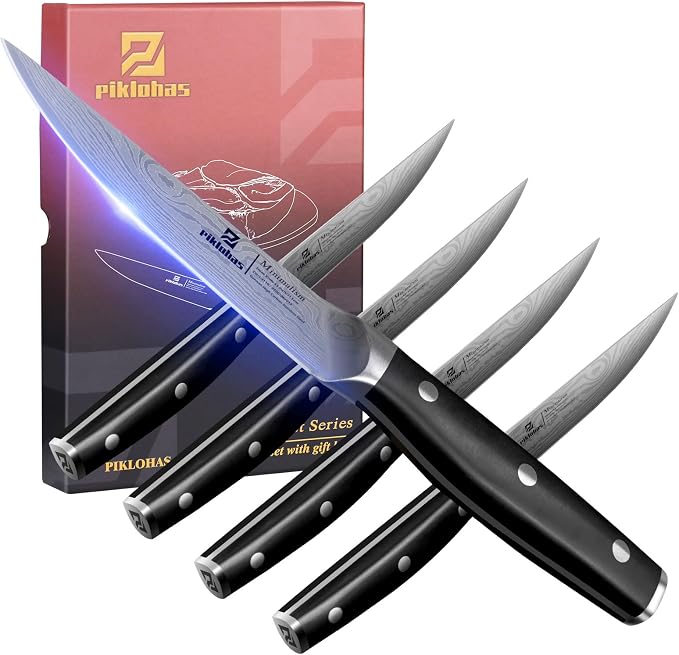 Steak Knives Set of 4, 4.6 Inch Non Serrated Dinner Knife, Forged German Steel Damascus Pattern Straight Edge Meat Knife with Full Tang Handle, Dishwasher Safe, Ideal for Gift | Forged German Steel Damascus Pattern Straight Edge Meat Knife with Full Ta...