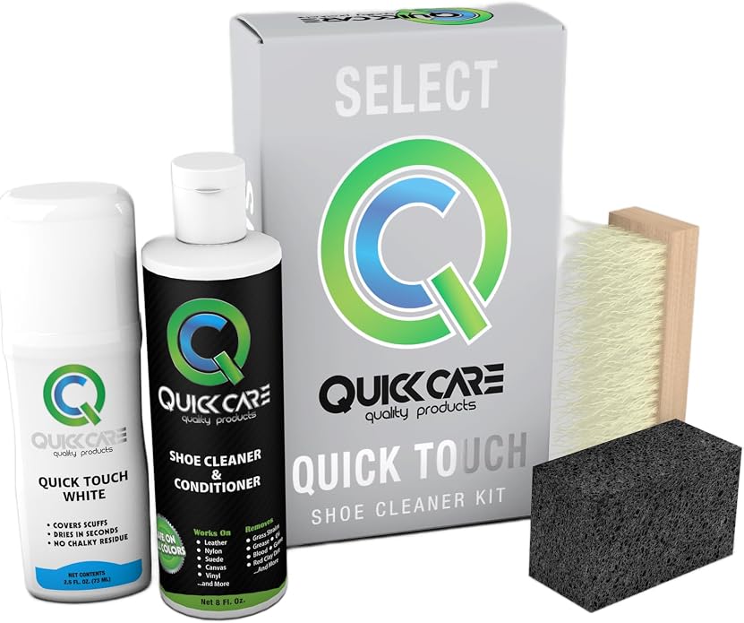 QuickCare Shoe Cleaner Kit for Sneakers - 2.5 Oz White Foam Spray to Cover Scuffs & Stains, Cleaner, 8 oz Conditioner for Leather, Nylon, Suede, Ultimate Shoe Care Set for All Footwear Types