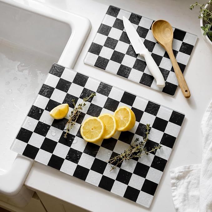 Thenshop Set of 2 Tempered Glass Cutting Boards Black Check Countertop Cutting Boards Heat Resistant with Non-slip Feet for Kitchen Counter Housewarming Wedding Gift 7.9x11inch+11x15 Inch