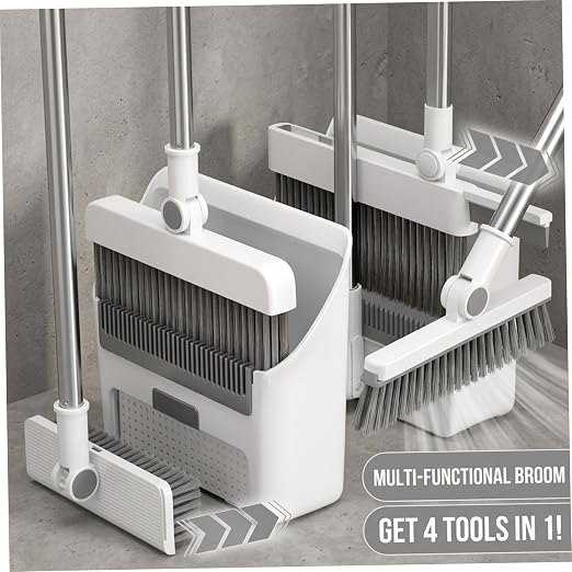 Broom and Dust Pan, Broom and Dustpan Set with Push Brooms, Self-Cleaning Comb & Space-Saving Design for Indoor Outdoor Cleaning (Grey)