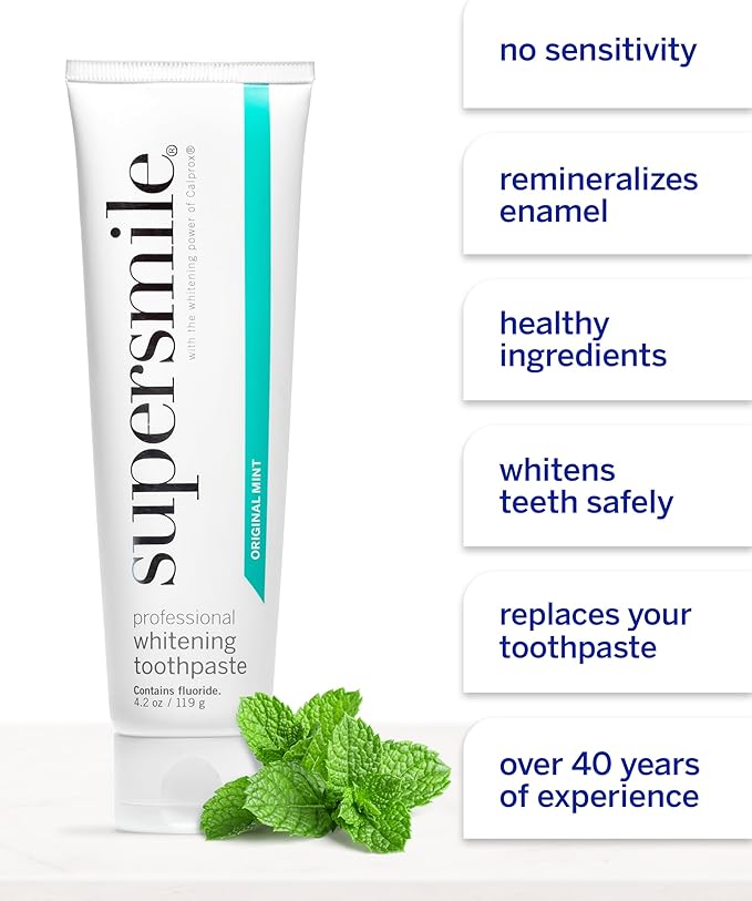 Supersmile Original Mint Whitening Toothpaste, 4.2 Oz, Calprox® + Fluoride | Whitens 3 Shades After 1 Day, Signature Wild Mint Flavor, Veneer Safe, RDA 65 Low Abrasion, Cavity Protection