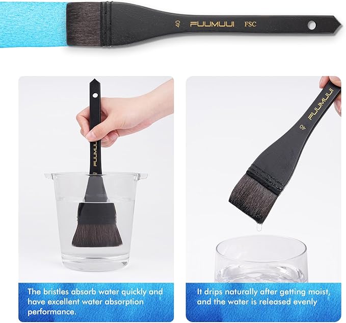 Flat Watercolor Brushes, Fuumuui 40mm Professional Squirrel Hair Flat Hake Brushes, Artists Scale Large Paint Brush with Long Handle for Watercolor and Acrylic Paints