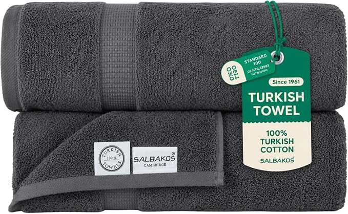 SALBAKOS 2-Piece 100% Turkish Cotton Bath Towels, Extra-Large 35x70, Gray | Oversized Bath Sheet Towel for Bathroom & Beach, Thick, Super Soft, Highly Absorbent, Premium Hotel Quality, Made in Turkey
