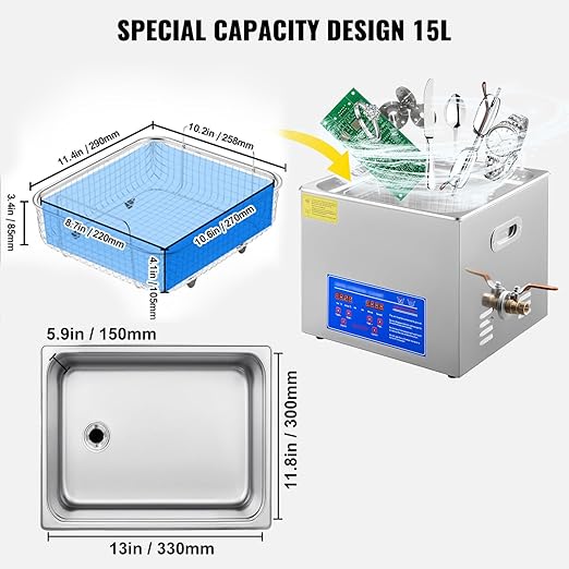 VEVOR 15L Ultrasonic Cleaner with Digital Timer&Heater Professional Ultrasonic Cleaner 40kHz Advanced Ultrasonic Cleaner 110V for Wrench Screwdriver Repairing Tools Industrial Parts Mental Cleaning