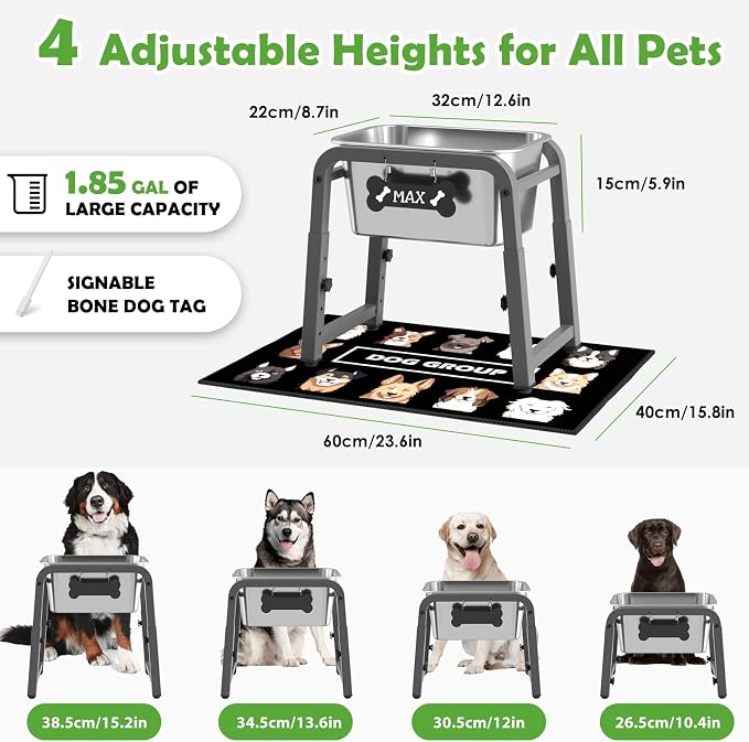 1.85 Gallon Elevated Dog Water Bowl, Height Adjustable (11–17'') Raised Stainless Steel Bowl with Spill-Proof Mat & Sturdy Metal Stand, Tip-Proof, Easy to Clean, Indoor & Outdoor Use