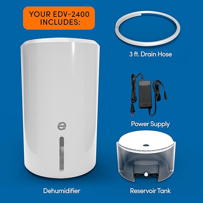 Eva-Dry EDV-2400 Electric Dehumidifier with Humidistat | Peltier, Quiet, 60W | 2,400 Cu Ft | Drain Hose Included | Auto Shut-Off | Bedroom, Bathroom, RV, Boat