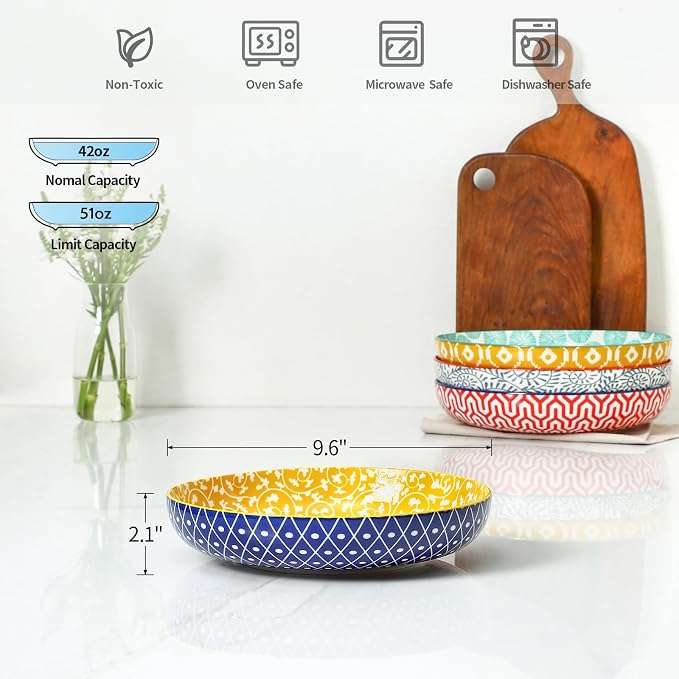 Selamica 9.6" Pasta Bowls Set of 4, 51 OZ Large Salad Bowls, Ceramic Wide and Shallow Serving Bowls for Soup, Dinner, Microwave & Dishwasher Safe, Assorted Colors