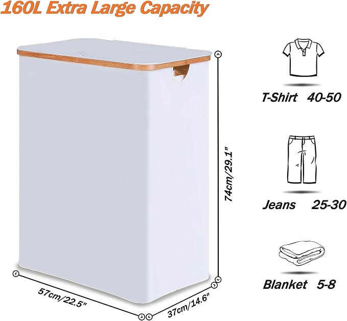 efluky Laundry Hamper with Lid, Trio Laundry Basket with 2 Removable Bags, 3 Section Laundry Bin with Bamboo Handles for Bathroom, Bedroom & Laundry Room, 160L (42.3 Gallon) White