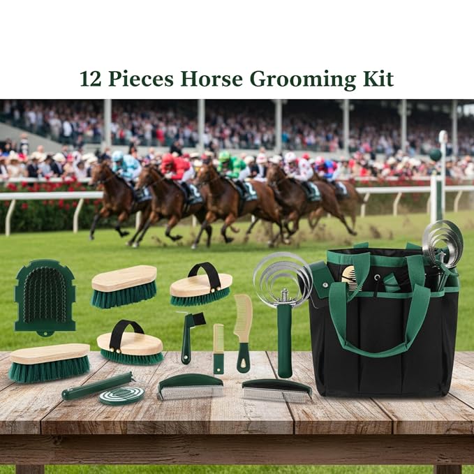 Abbylike 12 Piece Horse Grooming Kit with Organizer Tote Bag Brush Sets for Derby Day Show Horses Professional Tools for Care & Massage(Khaki and Green)