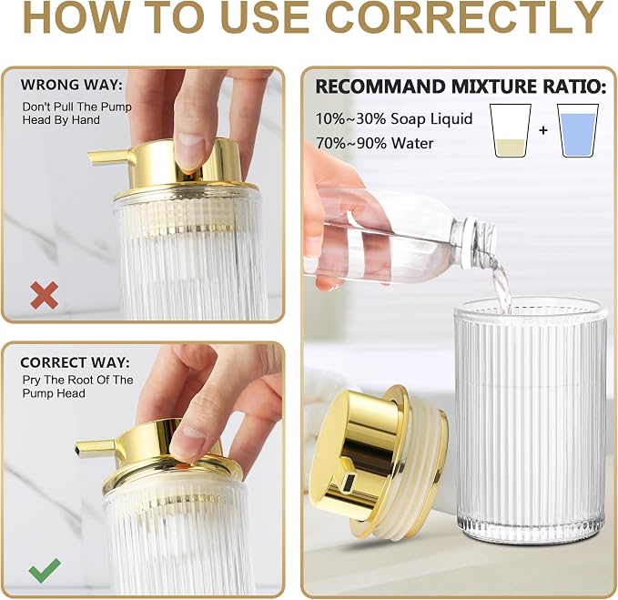 KASUNTING Foaming Soap Dispenser, 11 Fl Oz Clear Glass Foam Hand Soap Dispenser for Bathroom & Kitchen, Refillable Foaming Bottle with Gold Pump, Modern Ribbed Dish Soap Foam Dispenser