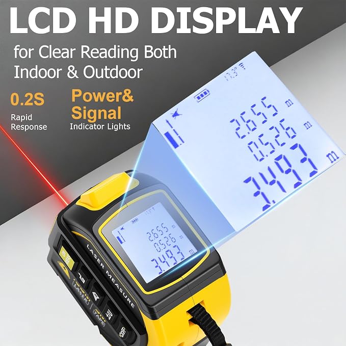 4-in-1 Digital Laser Tape Measure, 328ft/100m Laser Distance Meter with 16ft/5m AutoLock Measuring Tape, Dual-axis Angle, Cross-Line Leveling, Class II Laser Product, Output < 1mW