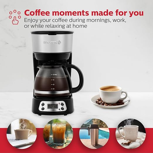 Holstein Housewares 5-Cup Programmable Coffee Maker, 25oz Drip Coffee Machine with Auto Brew Timer, Pause & Serve, Compact Design – Perfect for Home, Office & Dorm Use, Black