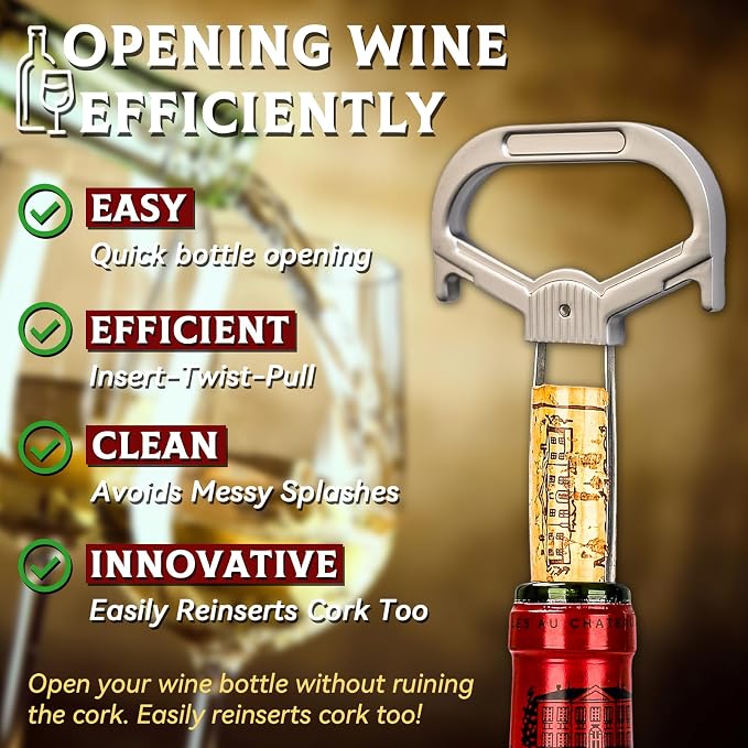 Ah So Wine Opener for Vintage Bottles, Old Wine Corkscrew with Portable Leather Case, Two Prong Cork Puller, for Wine Connoisseurs & Collectors to Uncork, Ideal Gifts for Wine Lovers (Sleek)