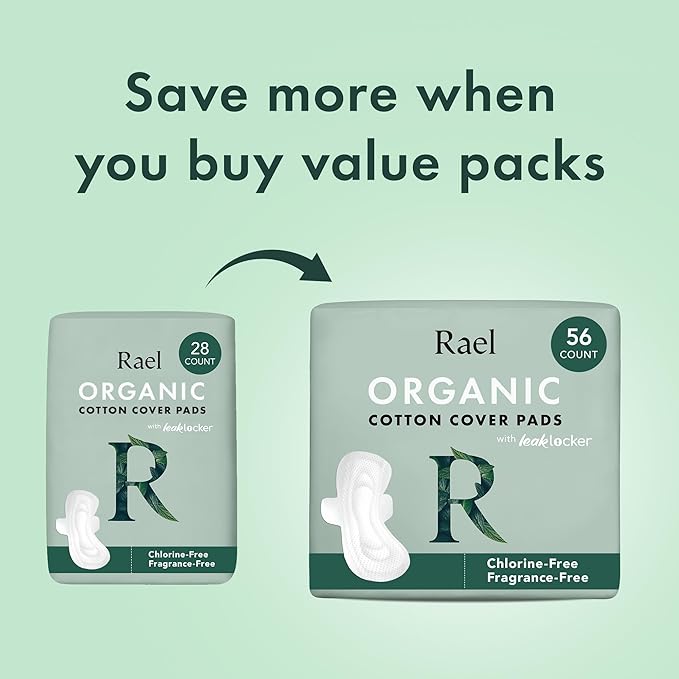 Rael Pads for Women, Organic Cotton Cover - Period Pads with Wings, Feminine Care, Sanitary Napkins, Ultimate Absorbency, Postpartum, Unscented, Ultra Thin (Extra Long Overnight, 12 Count)
