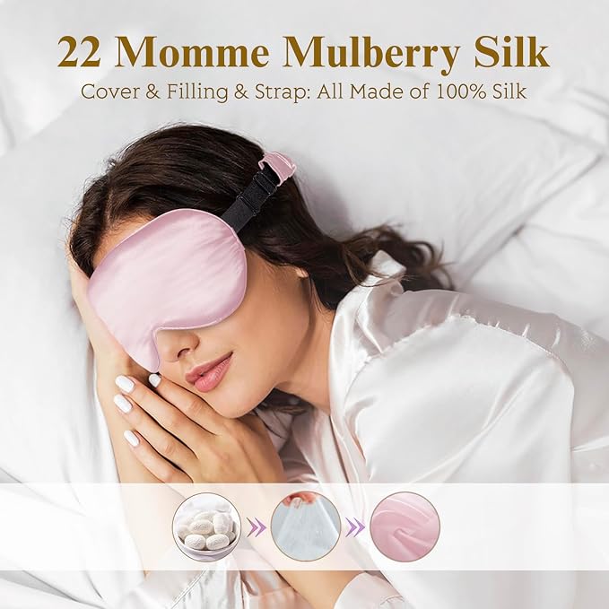 BeeVines 2 Pack 3D Contoured Sleep Mask 22 Momme Mulberry Silk Sleeping Eye Masks, Satin Eye Cover for Lash Extensions, Night Light Blocking Blindfold, 100% Blackout Satin Covers for Men & Women