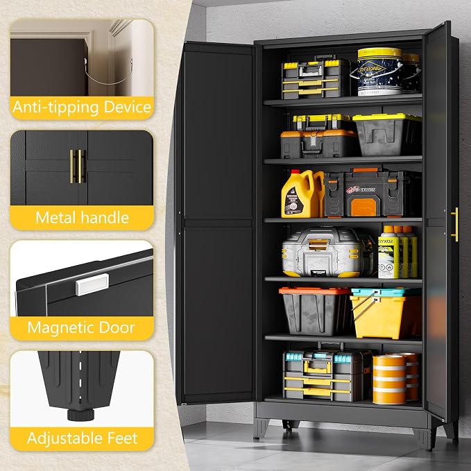 PAOFIN Metal Tall Storage Cabinet with 2 Doors and 5 Adjustable Shelves, 75" Metal Garage Storage Cabinets, File Cabinet,Steel Tool Cabinets for Home,Office,Garage,School,Warehouse (Black)