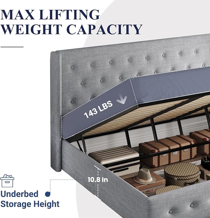 Allewie King Size Lift Up Storage Button-Tufted Bed Frame Light Grey | Modern Wingback Headboard, Hydraulic Support Storage, No Box Spring Needed
