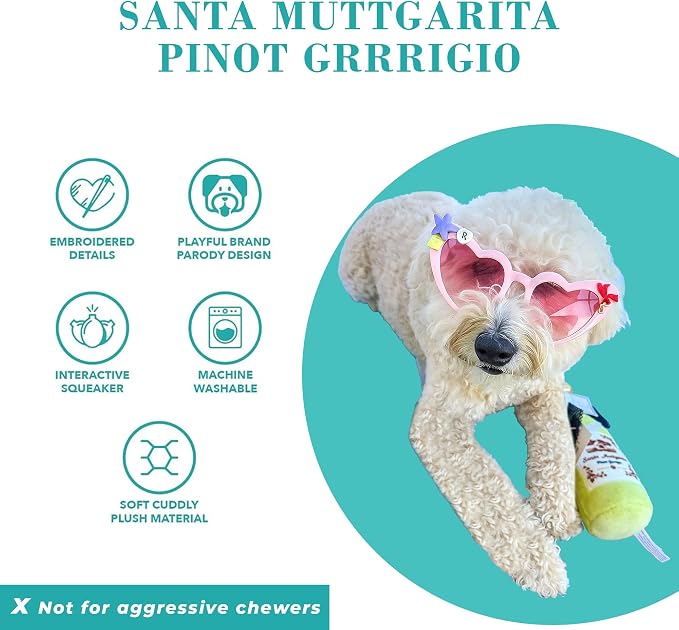 Haute Diggity Dog Santa Muttgarita Pinot Grrrigio Plush Dog Toy for Small, Medium & Large Dogs, Interactive Funny Parody Squeaky Toys, Soft, Durable, Machine-Washable & Safe Birthday Gift for Dogs