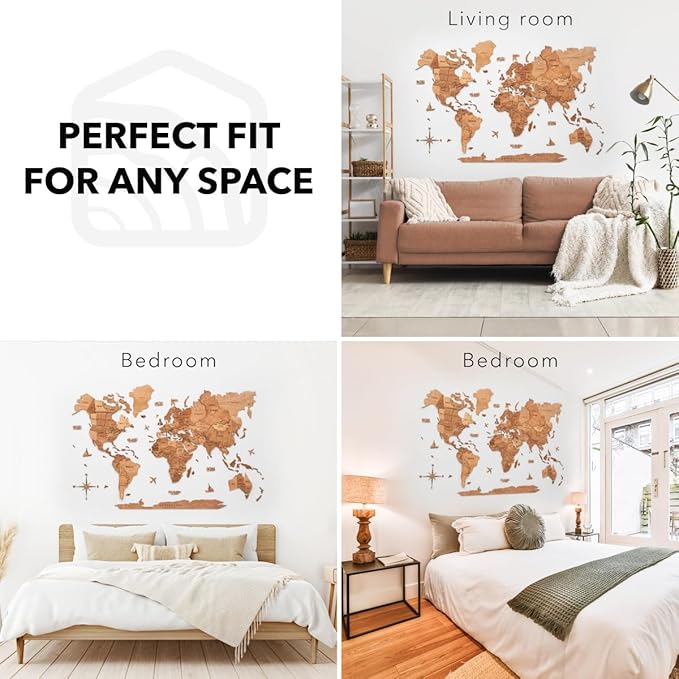 ENJOY THE WOOD 3D Wood World Map Wall Art Large Wall Décor - World Travel Map - Any Occasion Gift Idea - Wall Art for Home & Kitchen or Office (Large, Oak)