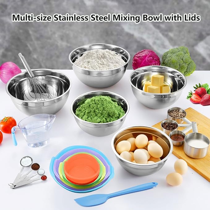 MIKULA Mixing Bowls Set, 22PCS Large Stainless Steel Mixing Bowl with Lids Set, Large Nesting Bowls 7/6/4.5/3.5/2.5QT, Measuring Cups and Spoons Baking Storage Metal Bowl for Kitchen Prep Supplies