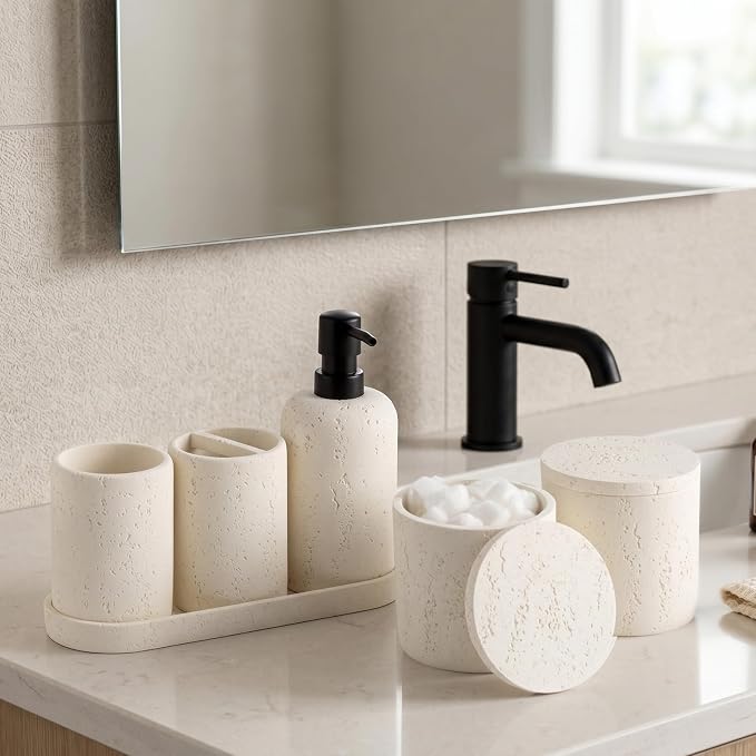 Bathroom Accessories Set,4 PCS Travertine Stone Look Collection,Cream | Modern Bath Organizer with 13.53OZ Soap Dispenser,Toothbrush Holder,Tumbler,Vanity Tray,2PCS Cotton Swab Jars for Countertop