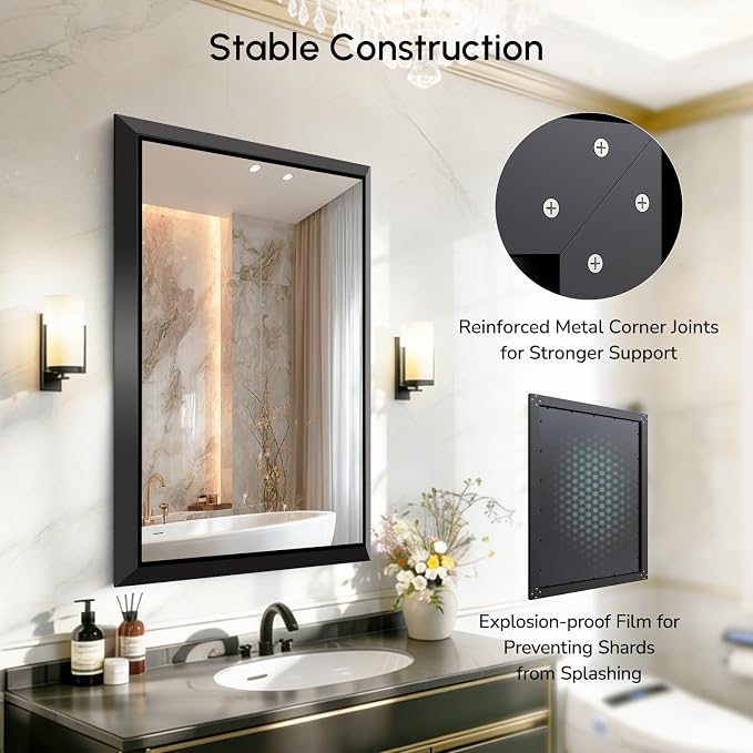 USHOWER 30x40 Inch Floating Bathroom Mirror - Brushed Black Wall Mirror for Over Sink, Beveled Aluminum Frame, Anti-Rust, Rectangular HD Reflection Large Vanity Mirror(Copper-Free Silver Coating)
