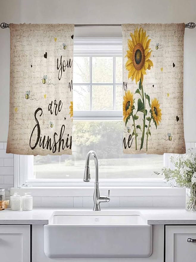 Sunflower Voile Sheer Curtain 54 Inch,Rod Pocket Rustic Yellow Floral Sheer Window Curtain Panels,Vintage Retro Beige Newspaper Letter Short Semi-Sheer Tulle Drape Chiffon Fabric for Living Room