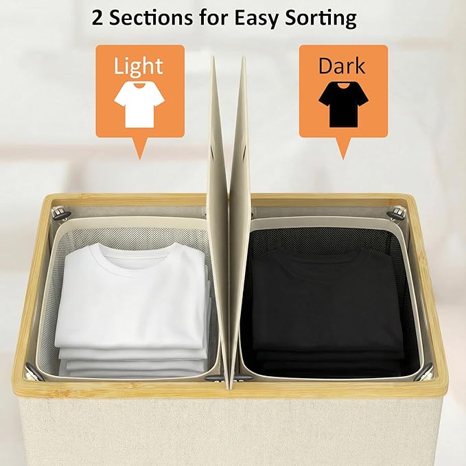 efluky Laundry Hamper with Lid, Double Laundry Basket with 2 Removable Bags, 2 Section Laundry Bin with Bamboo Handles for Bathroom, Bedroom & Laundry Room, 140L (36.9 Gallon) Beige