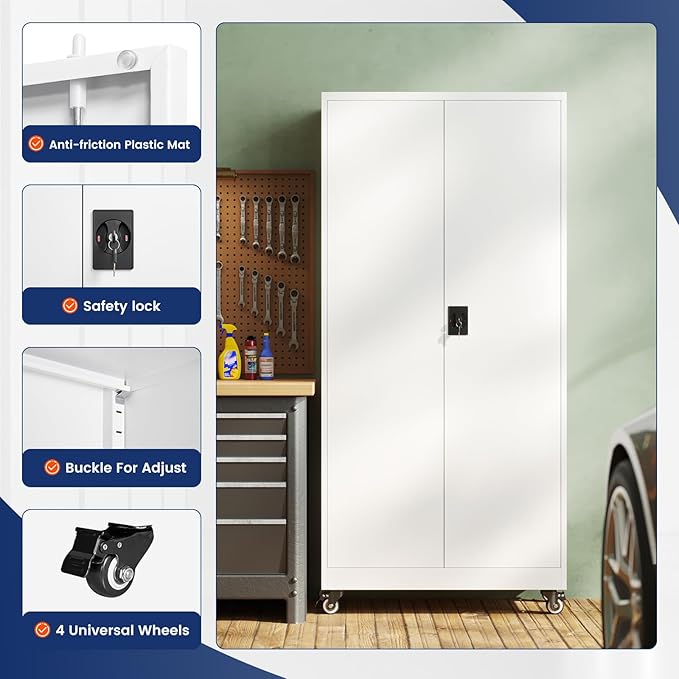 Metal Garage Storage Cabinet with Locking Doors and Adjustable Shelves,- 75" Rolling Steel Tool Cabinet for Home Office,Garage,Warehouse