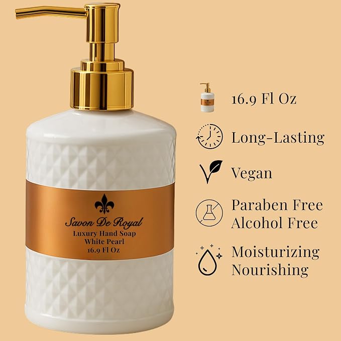 Savon De Royal Luxury Liquid Hand Soap, Musk - Vanilla Scent, Moisturizing Vegan Kitchen & Bathroom Soap for Hand Wash, Gentle & Nourishing Formula, Refillable Bottle 16.9 Fl Oz, White Pearl