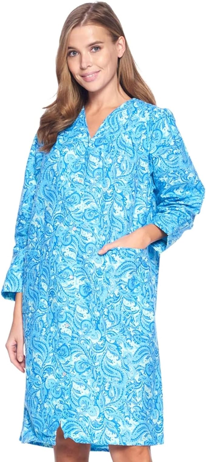 Casual Nights Women's Floral Snap Front Flannel Duster Long Sleeve Lounger Dress