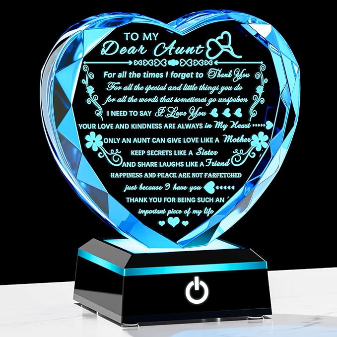 Arikyrist Aunt Gifts with Colorful LED Base Meaningful Crystal Heart Aunt Birthday Gifts from Niece Nephew Unique Presents for Auntie Christmas Mother's Day Valentine Day Thanksgiving