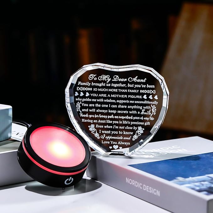 YWHL Aunt Birthday Gifts for Women with Colorful LED Base Unique Heart Gifts for Aunt from Niece Nephew Best Auntie Gift Ideas on Mothers Day Thanksgiving
