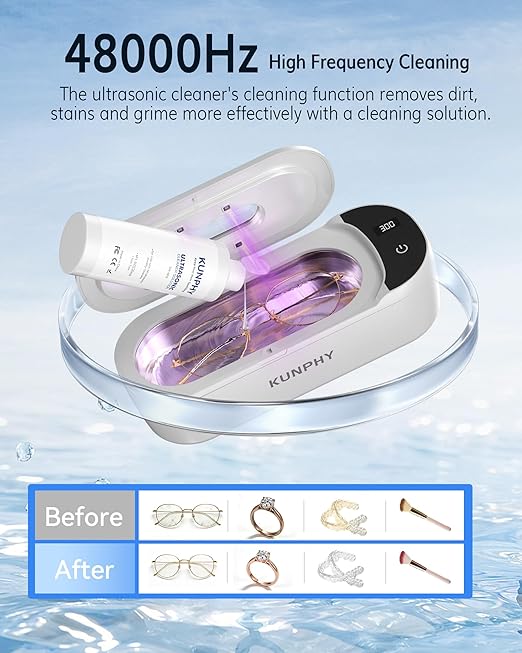 KUNPHY Jewelry Cleaner, 48KHz U-V Ultrasonic Cleaner Machine with Digital Display, Dual Cleaning Modes, 304 Stainless Steel Tank for Jewelry, Eyeglasses, Rings, Retainers, Dentures