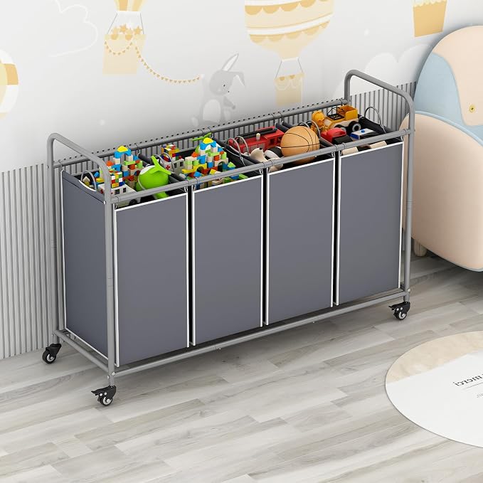 LINZINAR 4 Section Laundry Hamper, Grey Laundry Basket, 180L Laundry Sorter | Laundry Room Organization with Heavy Duty Rolling Lockable Wheels and Removable Bag, Bedroom Laundry Cart for Clothes Storage
